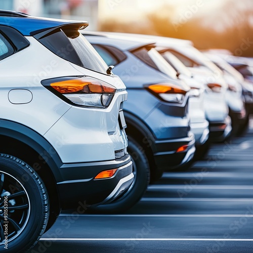 New SUVs in the parking lot of the dealership. Sale of new cars in a car dealership. copy space