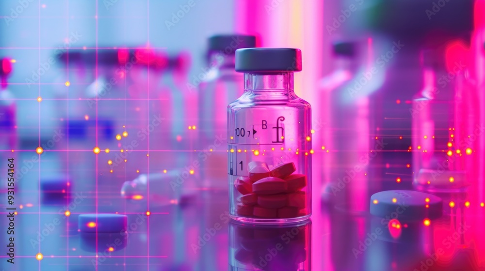 Analysing a vial with pills, scanning, numbers and red grid overlay Analysing a vial with pills, scanning, numbers and red grid overlay