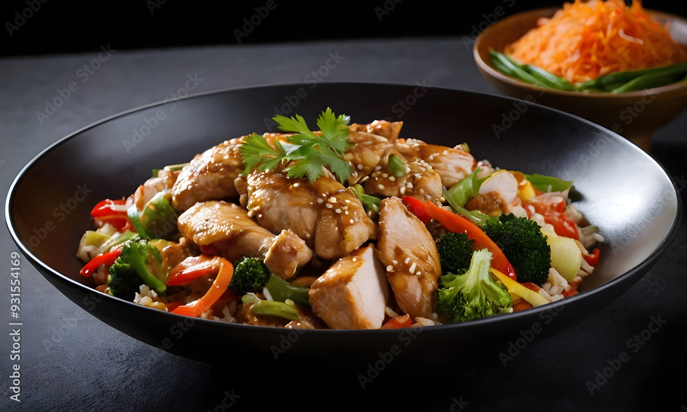 Delicious chicken stir fry with rice and vegetables in black bowl Delicious chicken stir fry with rice and vegetables in black bowl