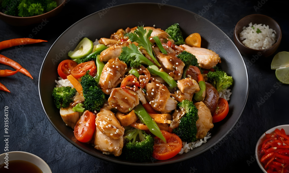 Steaming teriyaki chicken with rice and vegetables is ready to be eaten Steaming teriyaki chicken with rice and vegetables is ready to be eaten