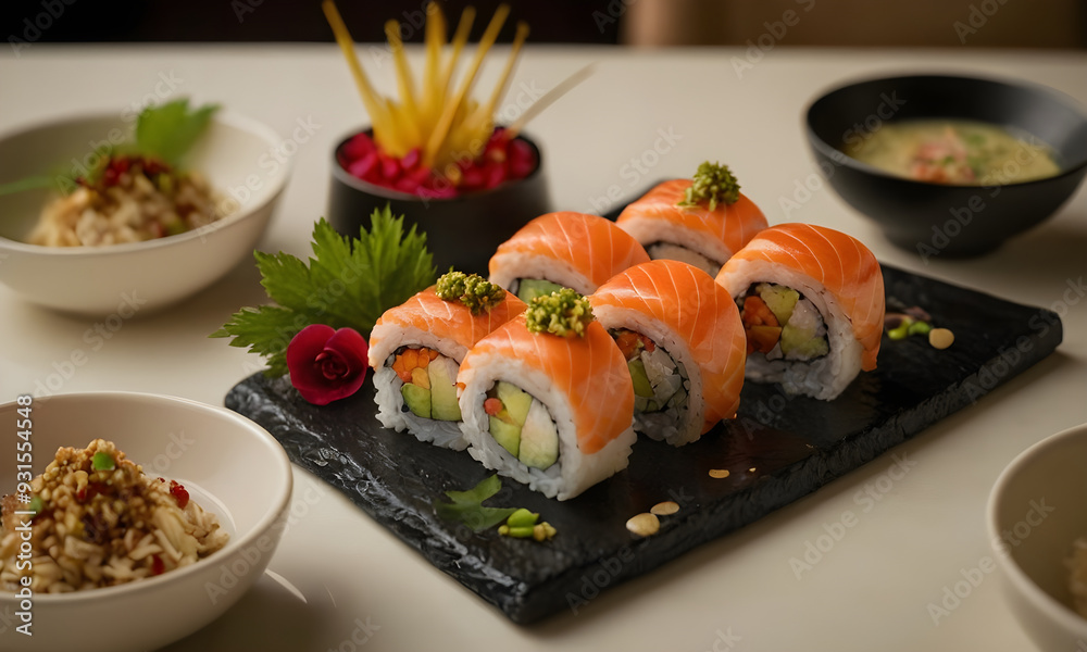 Salmon uramaki sushi rolls being served on black slate platter Salmon uramaki sushi rolls being served on black slate platter