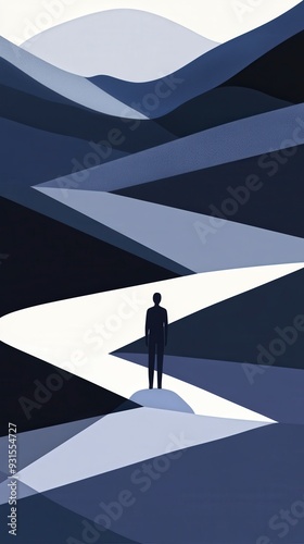 Abstract illustration of a solitary figure standing at the intersection of dynamic paths, symbolizing choices, decisions, and direction, ideal for concepts related to leaders