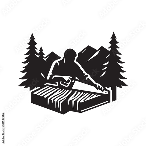 Black and white cutting wood vector silhouette 