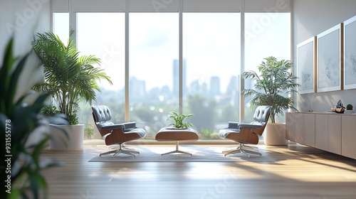 Modern Living Room with City View 3D Illustration