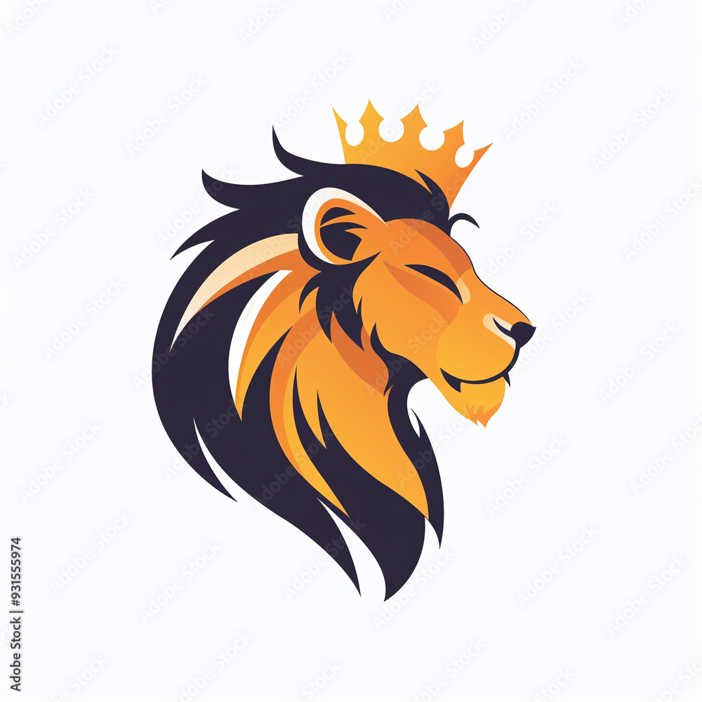 Fototapeta premium vector logo of a brave lion wearing a king crown, side profile view, white background
