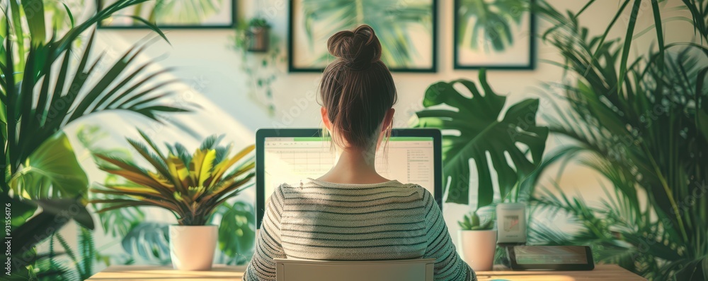 Woman working in a home office surrounded by lush green plants, focusing on her tasks. Woman working in a home office surrounded by lush green plants, focusing on her tasks.