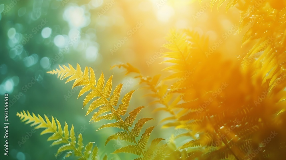 Obraz premium Fern fronds seen from below Big green big leaf silhouettes and blurred shapes in colorful vegetation background with selective focus 3d greenish yellow organic pattern in sun lit bota : Generative AI