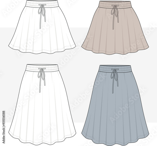Flared Short and long Skirts Sets Fashion Illustration, Vector, CAD, Technical Drawing, Flat Drawing, Template, Mockup.
