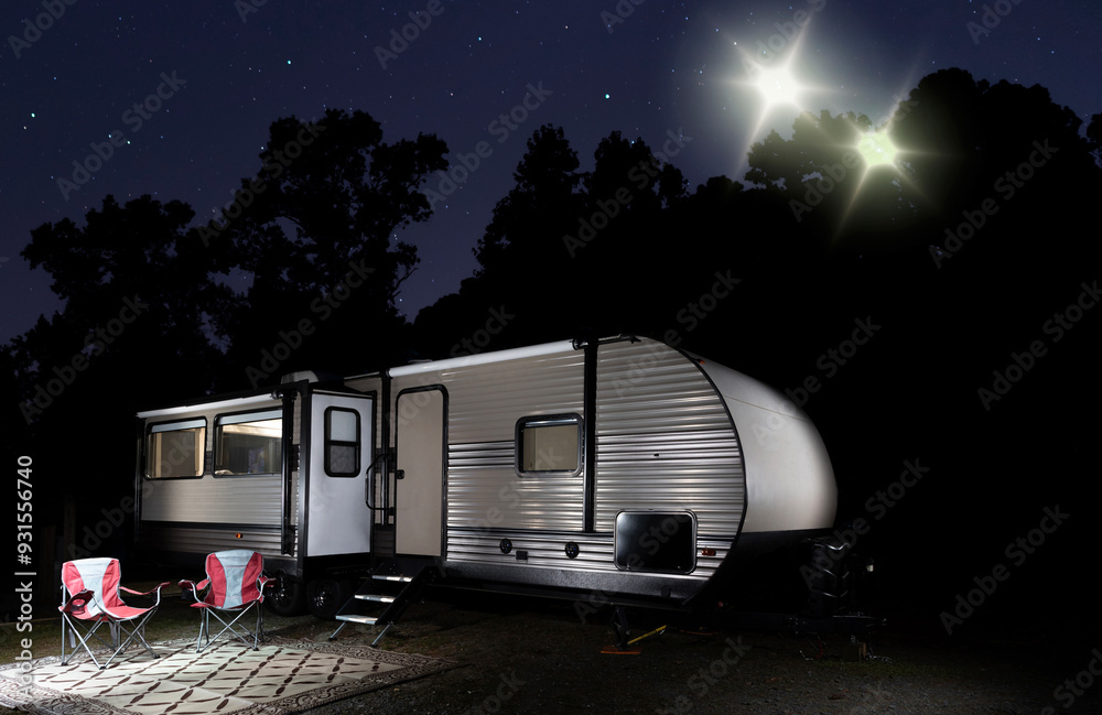 Two unidenfied lights at night over a camper
