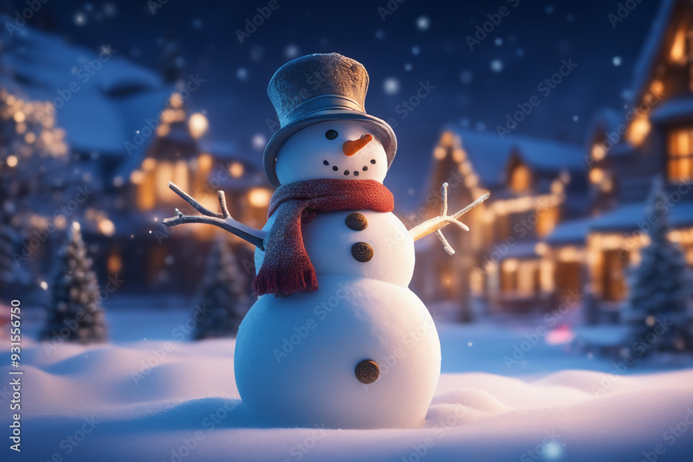Obraz premium Snowman with winter landscape and snow high quality background