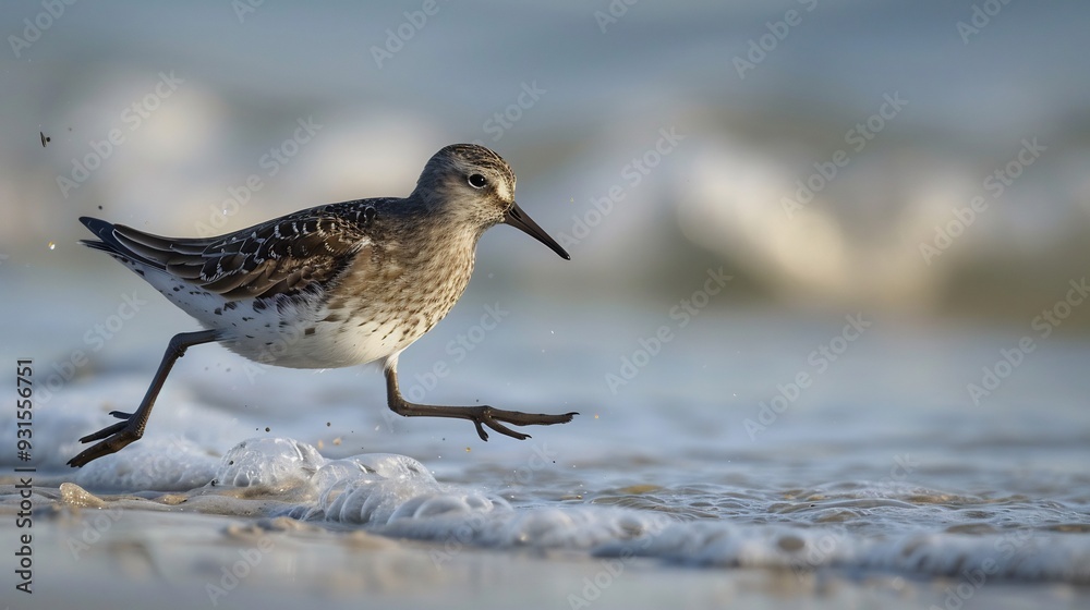 Sandpiper running along the shoreline its legs a blur of motion as it searches for food Sandpiper running along the shoreline its legs a blur of motion as it searches for food