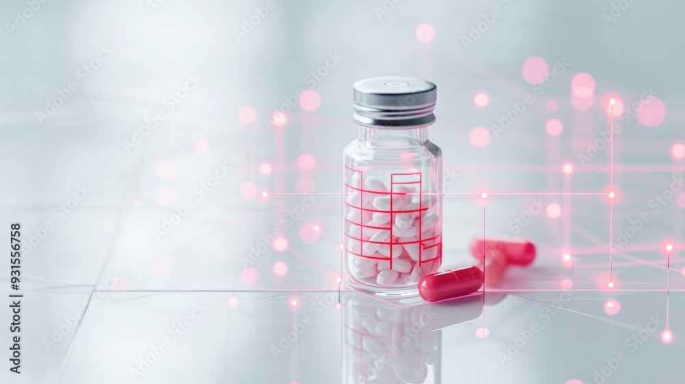 Analysing a vial with pills, scanning, numbers and red grid overlay Analysing a vial with pills, scanning, numbers and red grid overlay