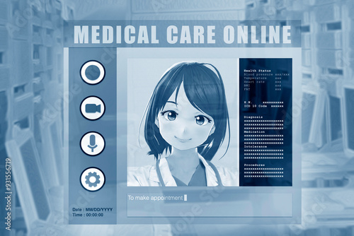 Canvastavla Cartoon image of a female doctor providing medical consultation via an online