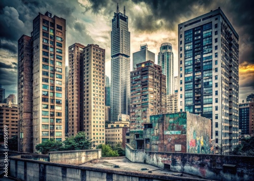 Graffiti-scrawled skyscrapers loom, a canvas of urban decay, their gray exteriors reflecting the bleakness of the human experience, isolated by their towering heights.