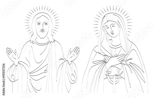 Jesus Christ and the Virgin Mary. Linear image of figures to the waist with a halo. Isolated image on a transparent background. Vector illustration