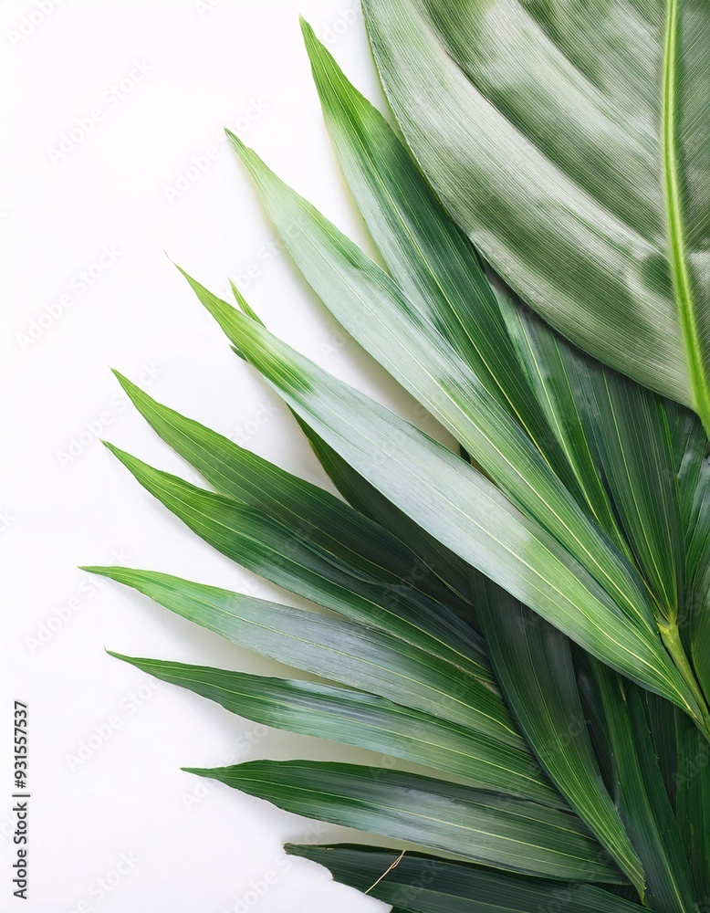 Obraz premium A banner decorated with fresh, green tropical leaves, placed on a clean white background, generative ai
