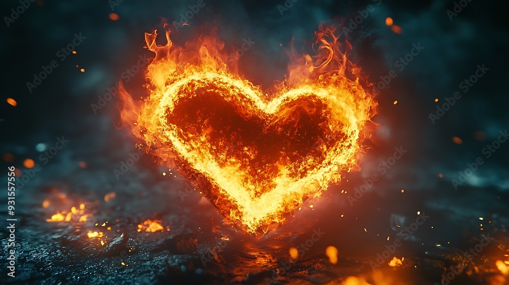 A burning heart shape with flames and embers on a dark background. A burning heart shape with flames and embers on a dark background.