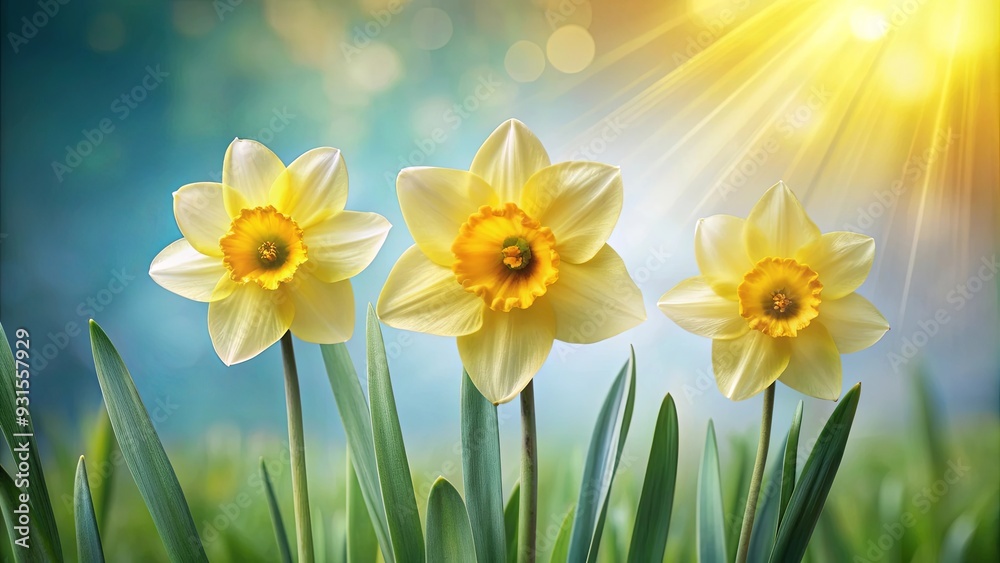 Two daffodils in full bloom and one budding daffodil , spring, flowers, yellow, petals, blooming, garden, nature, close-up, vibrant Two daffodils in full bloom and one budding daffodil , spring, flowers, yellow, petals, blooming, garden, nature, close-up, vibrant
