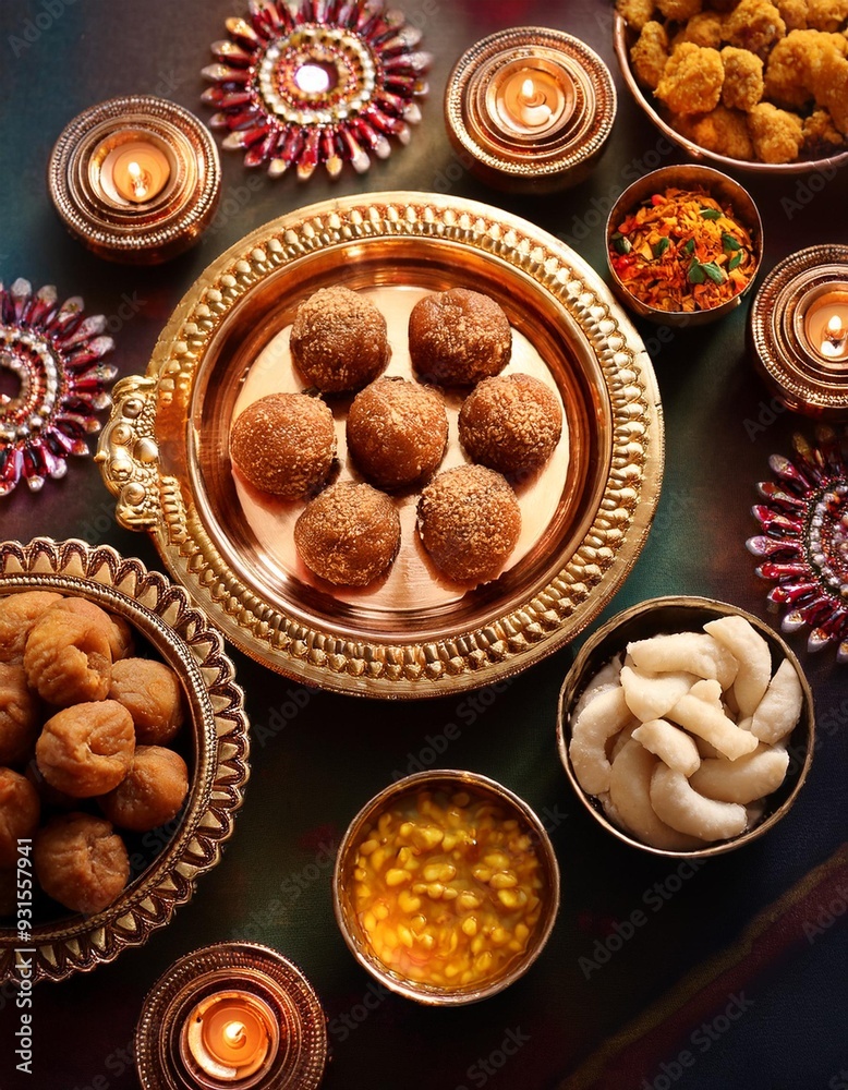 An array of traditional Diwali sweets and snacks like laddus, jalebis, and samosas arranged An array of traditional Diwali sweets and snacks like laddus, jalebis, and samosas arranged