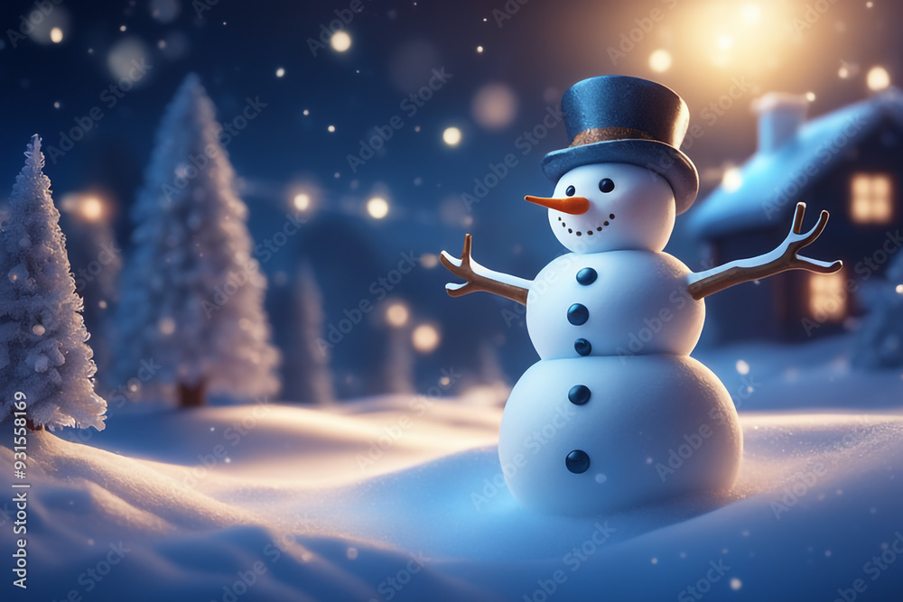 Fototapeta premium Snowman with winter landscape and snow high quality background