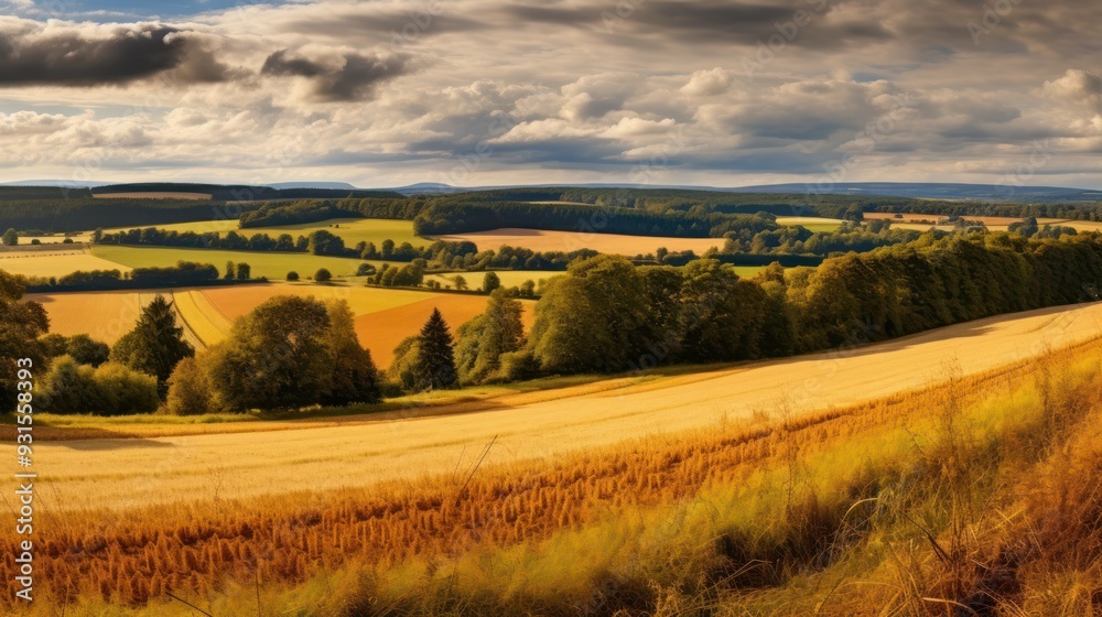 Fototapeta premium Rolling Hills and Golden Fields Under a Cloudy Sky