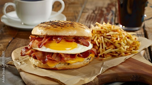 Savory bacon and egg breakfast sandwich served with a side of hash browns and coffee photo