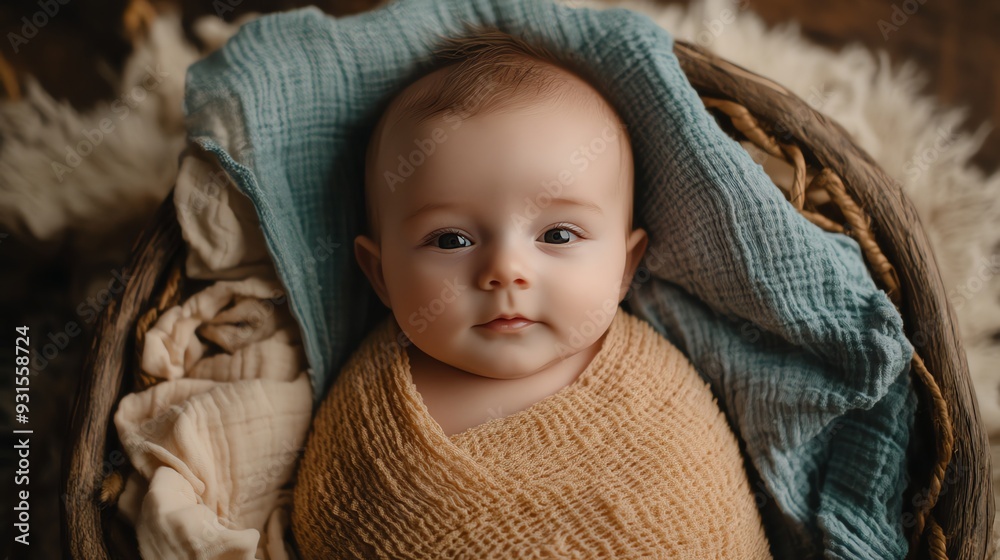 A baby is wrapped in a blanket and looking at the camera. A baby is wrapped in a blanket and looking at the camera.