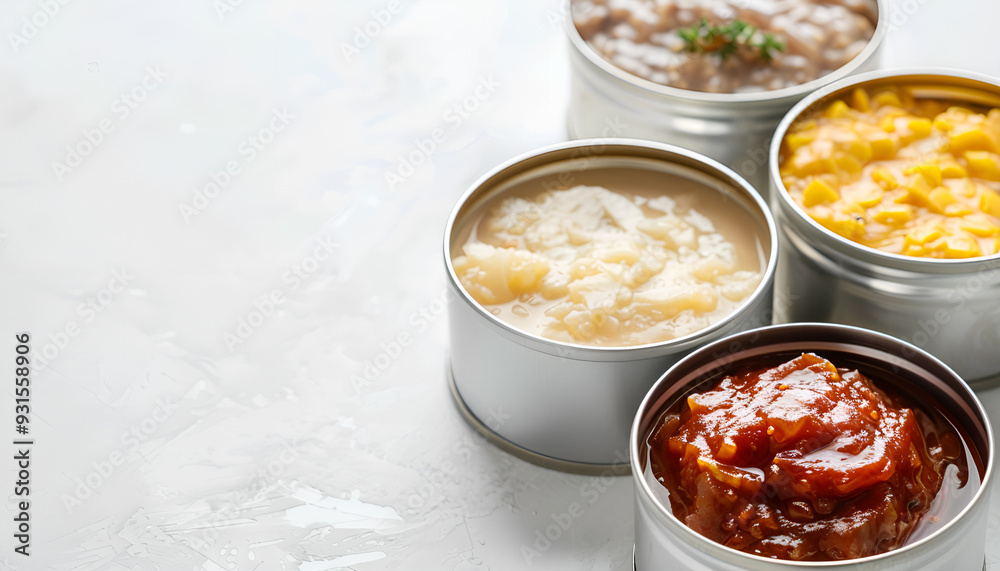 Open tin cans with different food on white background Open tin cans with different food on white background