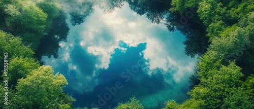 Aerial View of a Lake with Reflected Clouds and Surrounding Trees