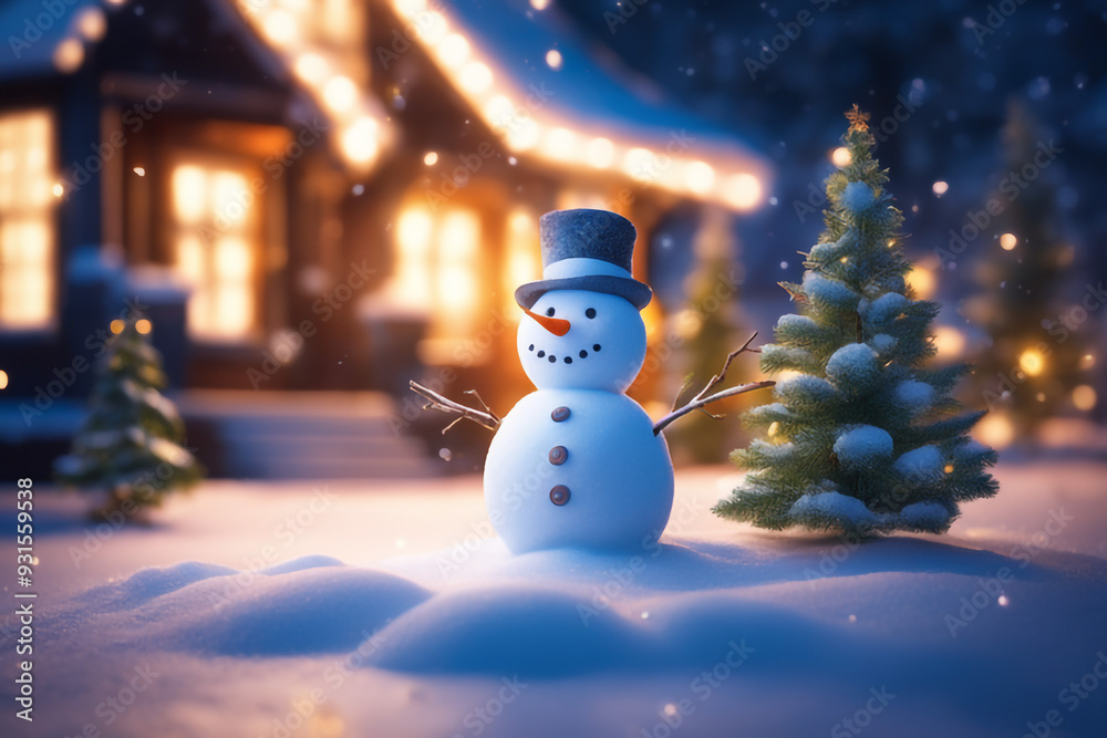 Obraz premium Snowman with winter landscape and snow high quality background