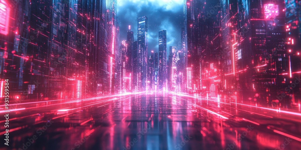 Fototapeta premium Neon Cityscape with Digital Lines and Reflections