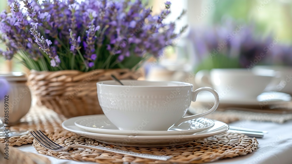 An inviting summer table setting featuring elegant white dishes silverware and fresh lavender flowers on a woven placemat : Generative AI An inviting summer table setting featuring elegant white dishes silverware and fresh lavender flowers on a woven placemat : Generative AI