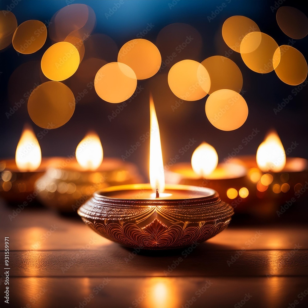 Diwali, Hindu festival of lights celebration. Diya oil lamps against dark background Diwali, Hindu festival of lights celebration. Diya oil lamps against dark background