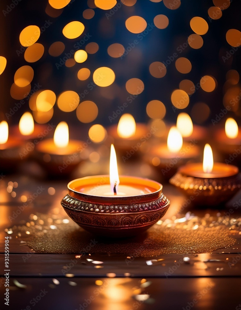 Diwali, Hindu festival of lights celebration. Diya oil lamps against dark background Diwali, Hindu festival of lights celebration. Diya oil lamps against dark background
