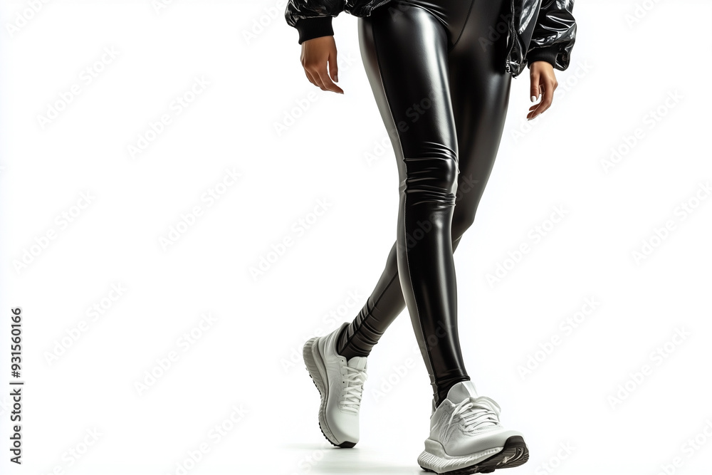 Beautiful women's legs in black leather leggings and white sneakers Beautiful women's legs in black leather leggings and white sneakers