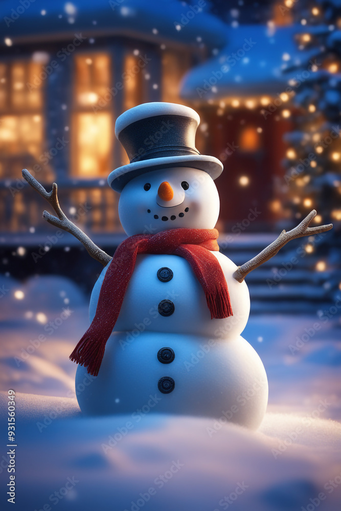Obraz premium Snowman with winter landscape and snow high quality background