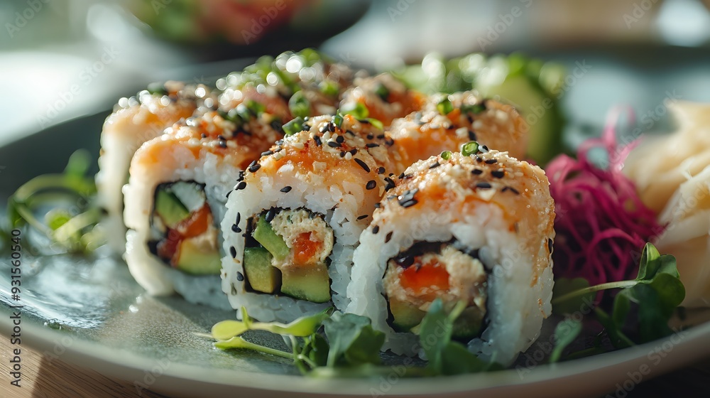 A Colorful Fusion of Sushi Vibrant Rolls Plated Beautifully with Fresh Ingredients and Artistic Presentation A Colorful Fusion of Sushi Vibrant Rolls Plated Beautifully with Fresh Ingredients and Artistic Presentation