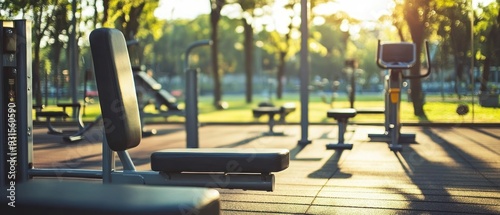 exercise machines are set at open air gym in stadium. Park, outdoor, public or street gym photo