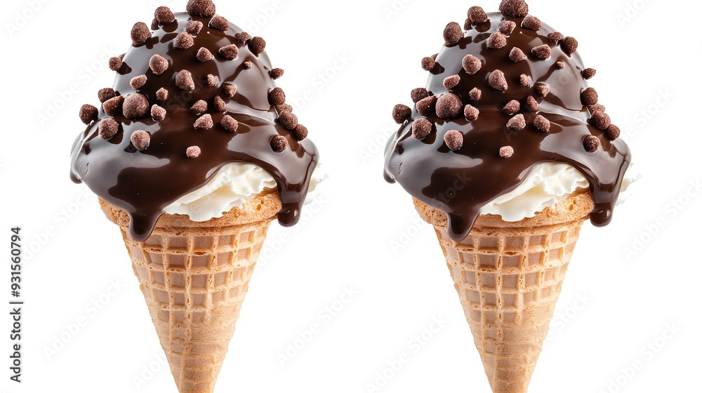 Two Ice Cream Cones with Chocolate Topping and Decorative Beads. Delicious Treats Featuring Creamy Ice Cream and a Rich Chocolate Sauce, Garnished with Colorful Beads for Added Visual Appeal.