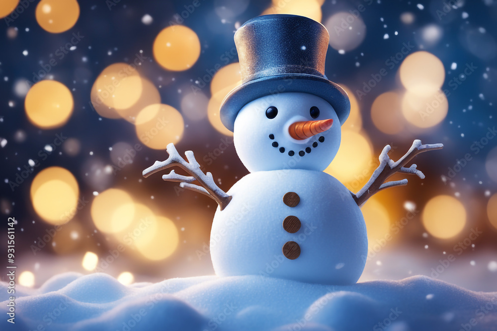 Snowman with winter landscape and snow high quality background


