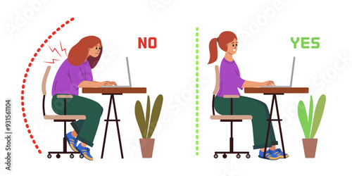 Correct good position vs bad incorrect posture. Woman Showing Bad and Good Poses for Working on Laptop. Wrong, Hunched Back And Cramped Shoulders. Proper, Straight Back And Relaxed. Vector 