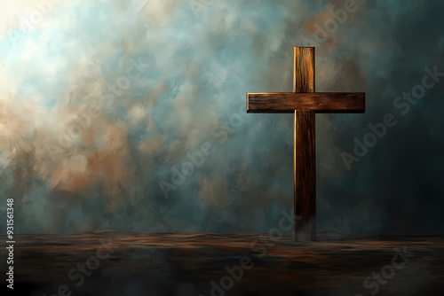 A wooden cross symbolizing faith, surrounded by a mystical background