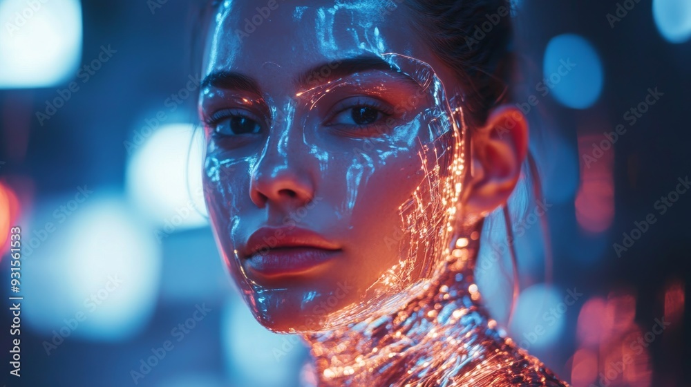 Futuristic Fashion Model: A model wearing an outfit made of metallic fabrics and LED lights, posing in a high-tech runway show. Futuristic Fashion Model: A model wearing an outfit made of metallic fabrics and LED lights, posing in a high-tech runway show.