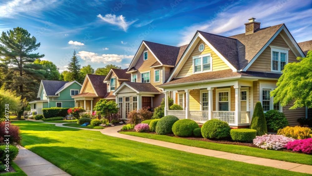 Quietly nestled, modest homes amidst meticulously manicured lawns, soft pastel hues, and secluded charms invite tranquility and seclusion.