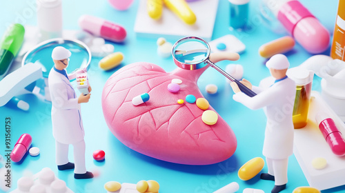 3D illustration of doctors examining a human liver 