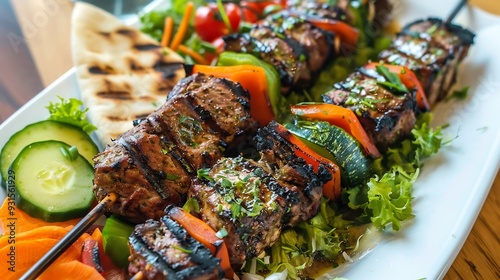 Savory kebab skewer grilled to perfection served with a side of fresh vegetables and pita bread photo