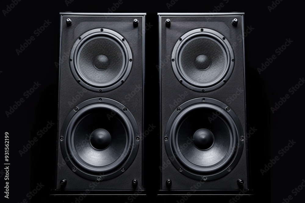 A pair of black audio speakers designed for sound amplification. A pair of black audio speakers designed for sound amplification.