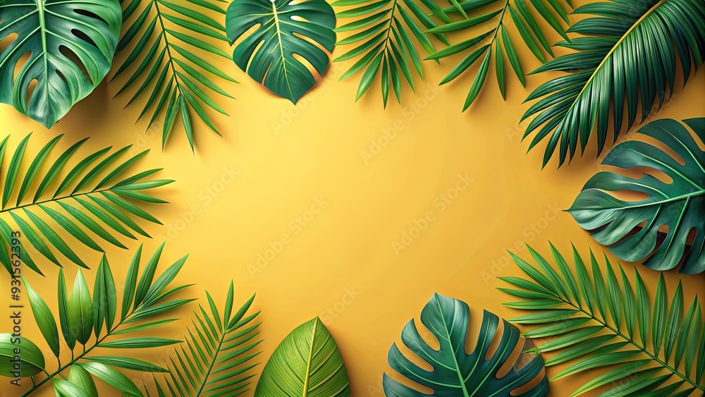 Fototapeta premium Tropical leaf background with modern shapes, perfect for a summer theme , plants, floral, tropical, leaves, background