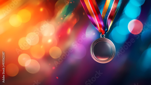 Silver medal with vibrant ribbons on an abstract light backdrop photo