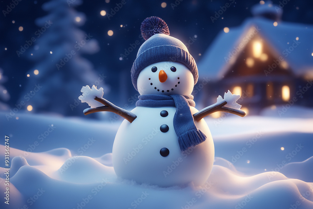 Fototapeta premium Snowman with winter landscape and snow high quality background